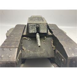 Large clockwork model of a WW1 Tank made of tin-plate and aluminium, with moving side cannons, the clockwork chain driven movement driving the articulated tin tracks; L28.5cms  W16.5cms and H13.5cms