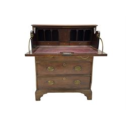George III mahogany secretaire chest, fall-front drawer with red leather inset writing surface enclosing fitted interior, over three graduating cock-beaded drawers, raised on bracket feet