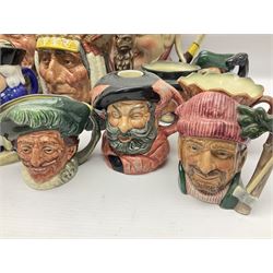 Collection of Royal Doulton and Beswick character jugs of various sizes, including North American Indian D6611, The Falconer D6533,  Tony Weller 281, Sairey Gamp 371 etc