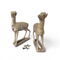 Pair of cast stone garden deer in a weathered finish with two loose antlers