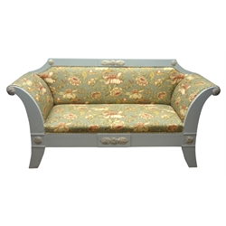  French empire style Settee upholstered in 'Leighton' by Margarita Cushing floral fabric, grey painted and gilt frame, W193cm  
