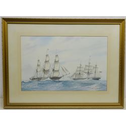 Roger Davies (British 1945-): Two Sailing Vessels in Choppy Waters, watercolour signed 34cm x 54cm