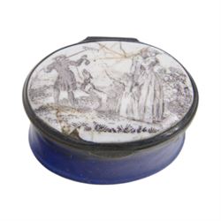 Four 18th/ early 19th century enamel snuff boxes, of oval form, with pictorial images and mottos to the hinged covers, comprising black and white printed figural scene, spray of flowers, Esteem the GIVER and Love the giver 