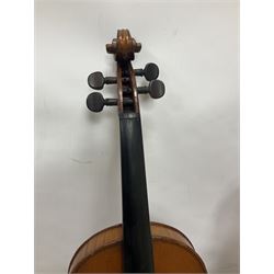 Four violins 1/8th size; half size with Nicolas Bertholini label; three-quarter size with Stradivarius copy label; and full size with Marquis De L'Air label (4)