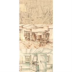 Jill Dickinson (British 20th Century): Interior Scenes, three ink and wash drawings, variously signed and dated '50, 26cm x 36cm (3)