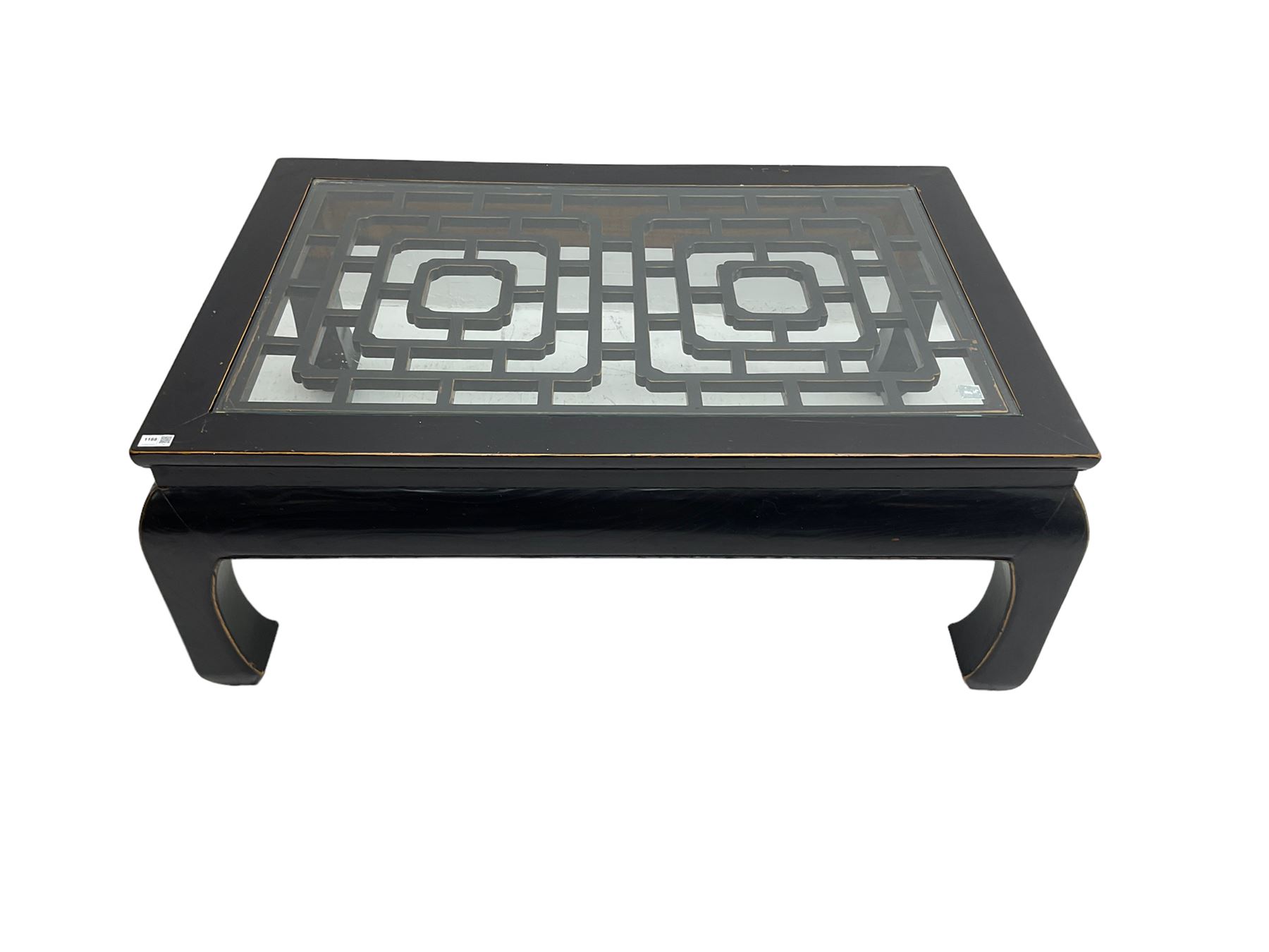 Chinese ebonised rectangular coffee table, inset glass top over pierced geometric fretwork, raised on shaped supports