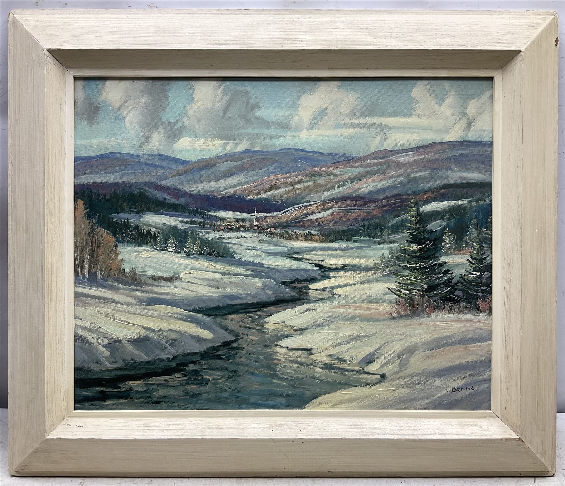 Sydney Berne (Canadian 1921-): 'La Rivière-du-Nord - Quebec' Winter Mountain Landscape, oil on board signed, inscribed verso 40cm x 50cm