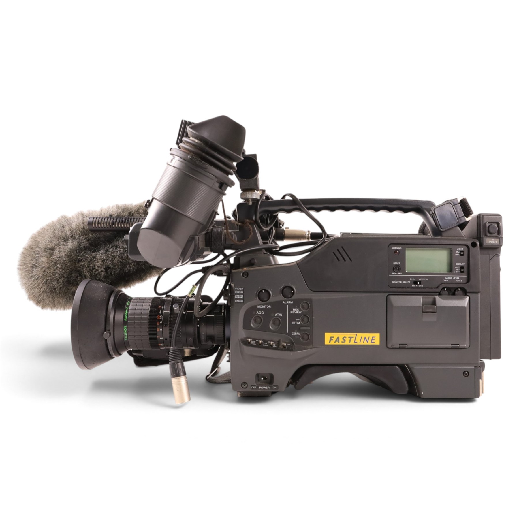 Sony Pro-Betacam SP Camcorder UVW-100BP serial no. 41461, with a Fujinon Aspheric 16x TV Zoom lens, and related accessories including boxed PAG SF1 battery charger, PAGbelt IC2 integral charger, eight PAG NFX 1 rechargeable batteries and a Panasonic AG-B640 AC adapter, previously used by Andrew Dow at the National Railway Museum