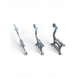 Set of three mid-20th century cast iron towns and park bench ends, scrolling pediment over arched stretchers, length to be altered as desired