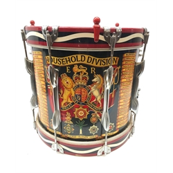  Household Division side snare Drum, by Premiere No.000065, red painted with chrome fittings, decorated with Battle Honours to Falkland Is 1982, H36cm, D37cm  