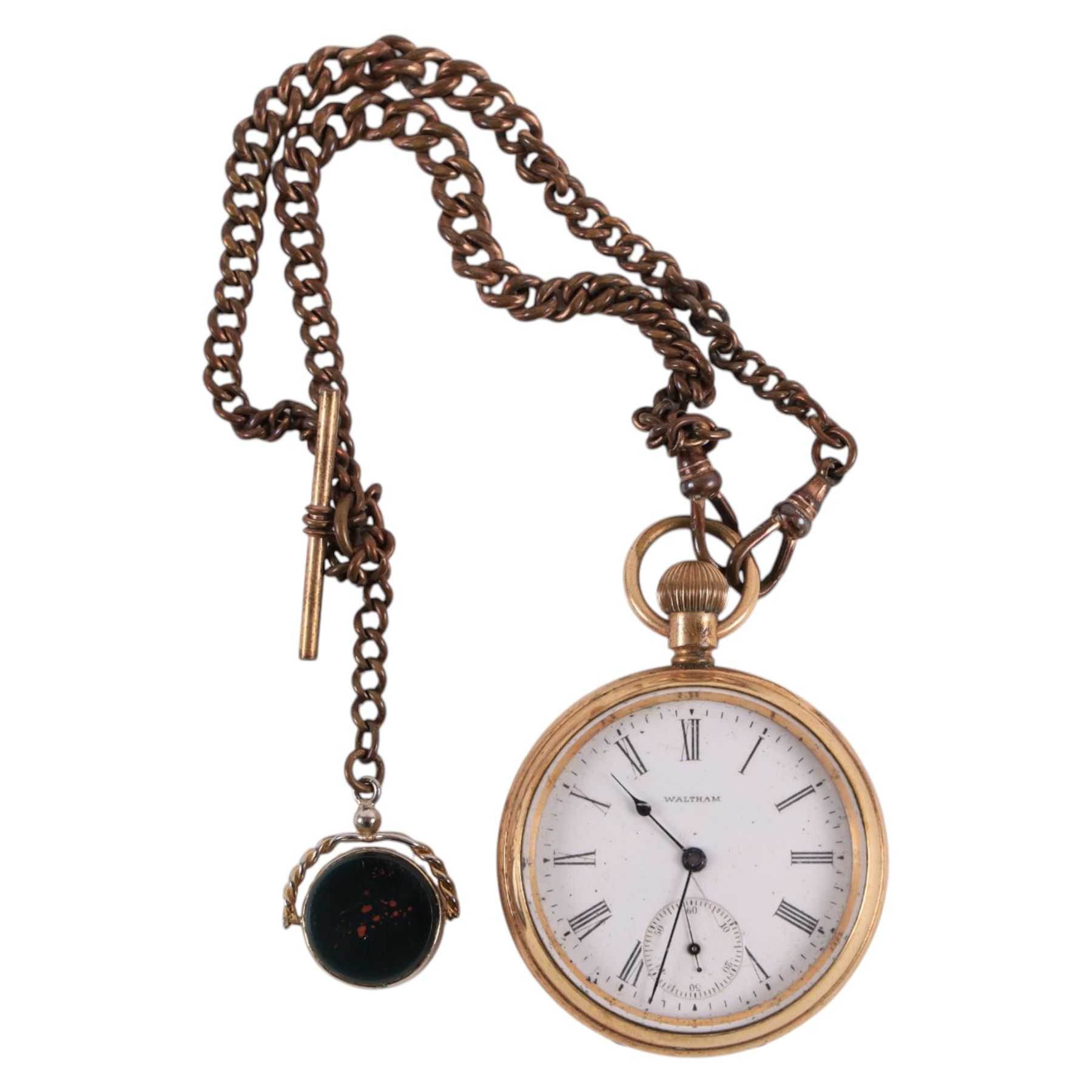 Gold plated Waltham open faced pocket watch, with base metal albert chain and plated bloodstone fob