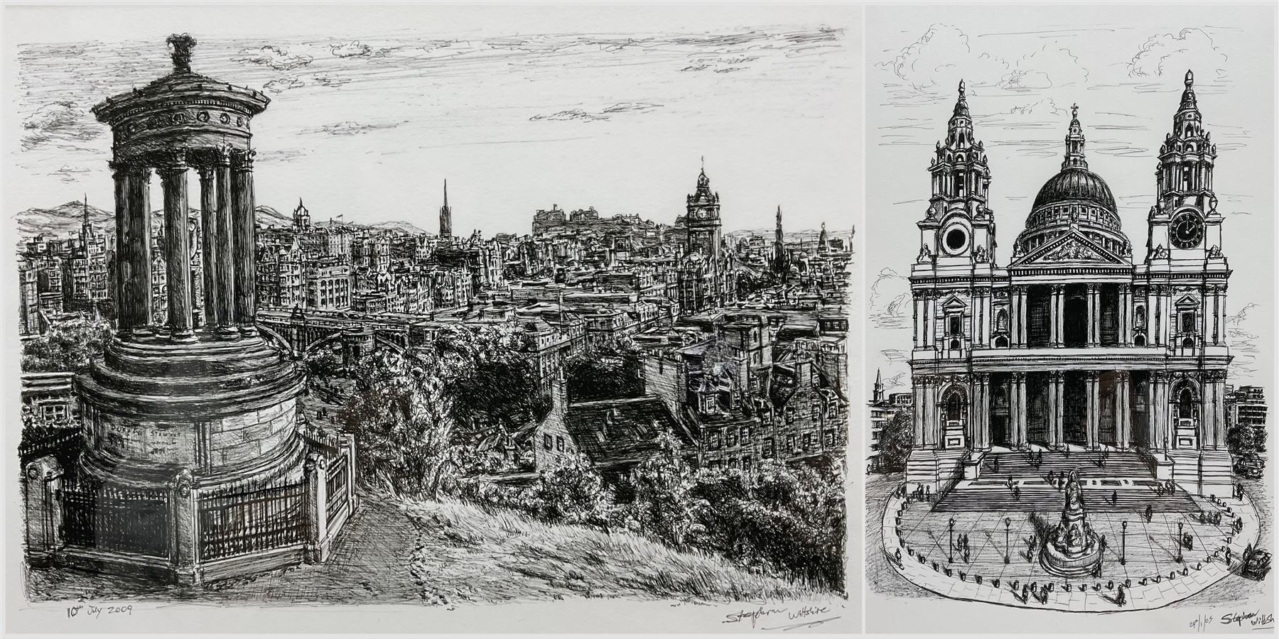 Stephen Wiltshire (British 1974-): 'St Pauls Cathedral' and 'View of Edinburgh from Calton Hill', two framed prints max 37cm x 27cm (2)