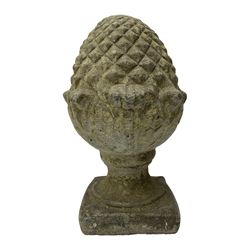 Pair of cast stone garden pineapples gatepost finials, on square base