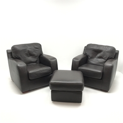  Pair armchairs upholstered in leather (W92cm) and matching footstool (3)  
