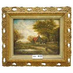 Circle of John Crome (Norwich School 1768-1821): Figures Gathering Firewood by Rural Cottage, oil on panel unsigned 23cm x 29cm