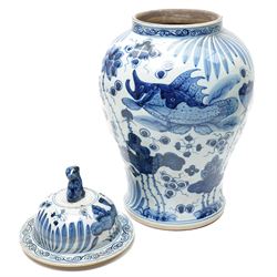 Pair of Chinese blue and white jars and covers, of baluster form, hand painted with fish and foliage, H50cm