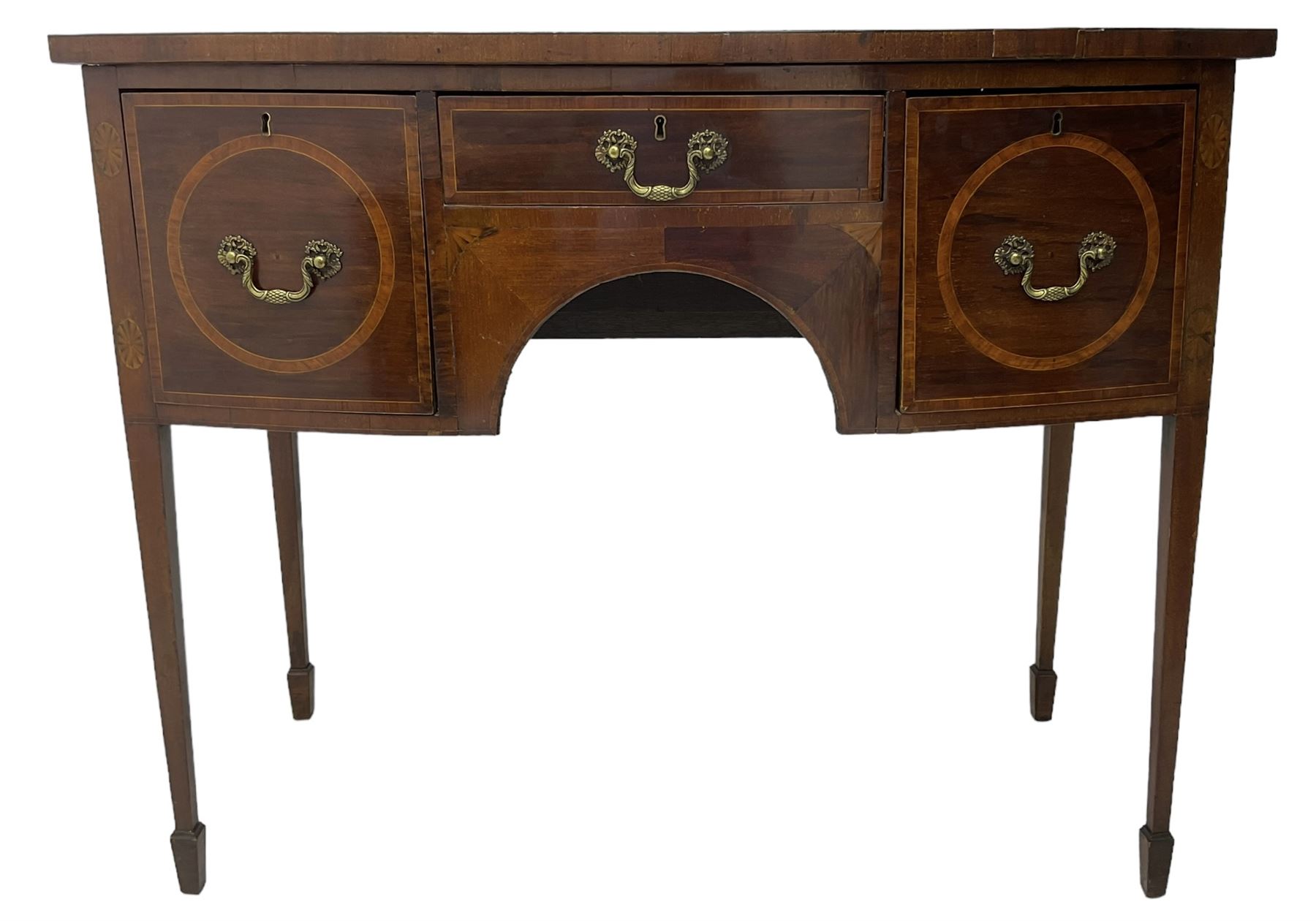 19th century inlaid mahogany bow-front sideboard, satinwood banded top over three drawers, on square tapering supports with spade feet