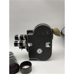 Bolex H8 Reflex 8mm cine camera with handgrip and turret for interchangeable lenses, KERN macro-switar 1:1,4 f=36mm H8 RX lens, KERN macro-switar 1:1,3 f=12,5mm H8 RX lens, KERN macro-switar 1:1,6 f=5,5mm H8 RX lens, KERN MACRO-YVAR 1:3,3 f=150mm lens 