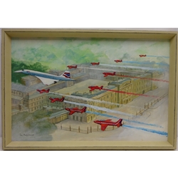 MS UI Gothic Queens Jubilee Concorde and Red Arrows Flypast over Buckingham Palace, oil on board signed by Don Micklethwaite (British 1936-) 40cm x 60cm   
