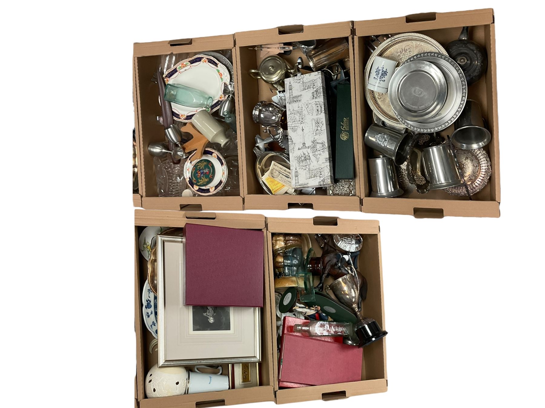 Collection of tankards, together with glassware and other collectables, in five boxes 