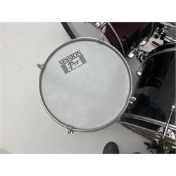 Rockburn eight-piece black drum kit with bass drum, floor tom and five other toms and snare drum; together with two other snare drums; Haosen bass drum; four cymbals; various stands, foot pedals, stool, tri-angle, drum sticks etc