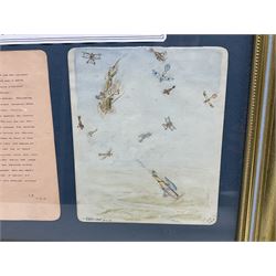 Early 20th century watercolour drawing of a WW1 Dog Fight over Suzanne Aerodrome, framed with a manuscript account of the encounter and initialled C.P. 4.9.18; modern gilt frame; and a framed publisher's promotional photographic print of Lt.-Colonel W.A. Bishop V.C., D.S.O., M.C., D.F.C., signed in the text (2)