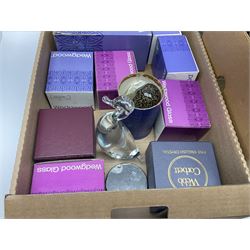 Large collection of Wedgwood glass, to include owl, duck and other paperweights, together with Webb Corbett paperweight, glass decanter, silver sherry label etc, in two boxes 