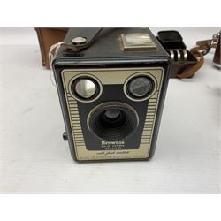 Kodak Retina III camera with 'Schneider-Kreuznach 3977724 Retina-Xenon C f:2/50mm' lens in leather case, and Brownie Model D in leather case