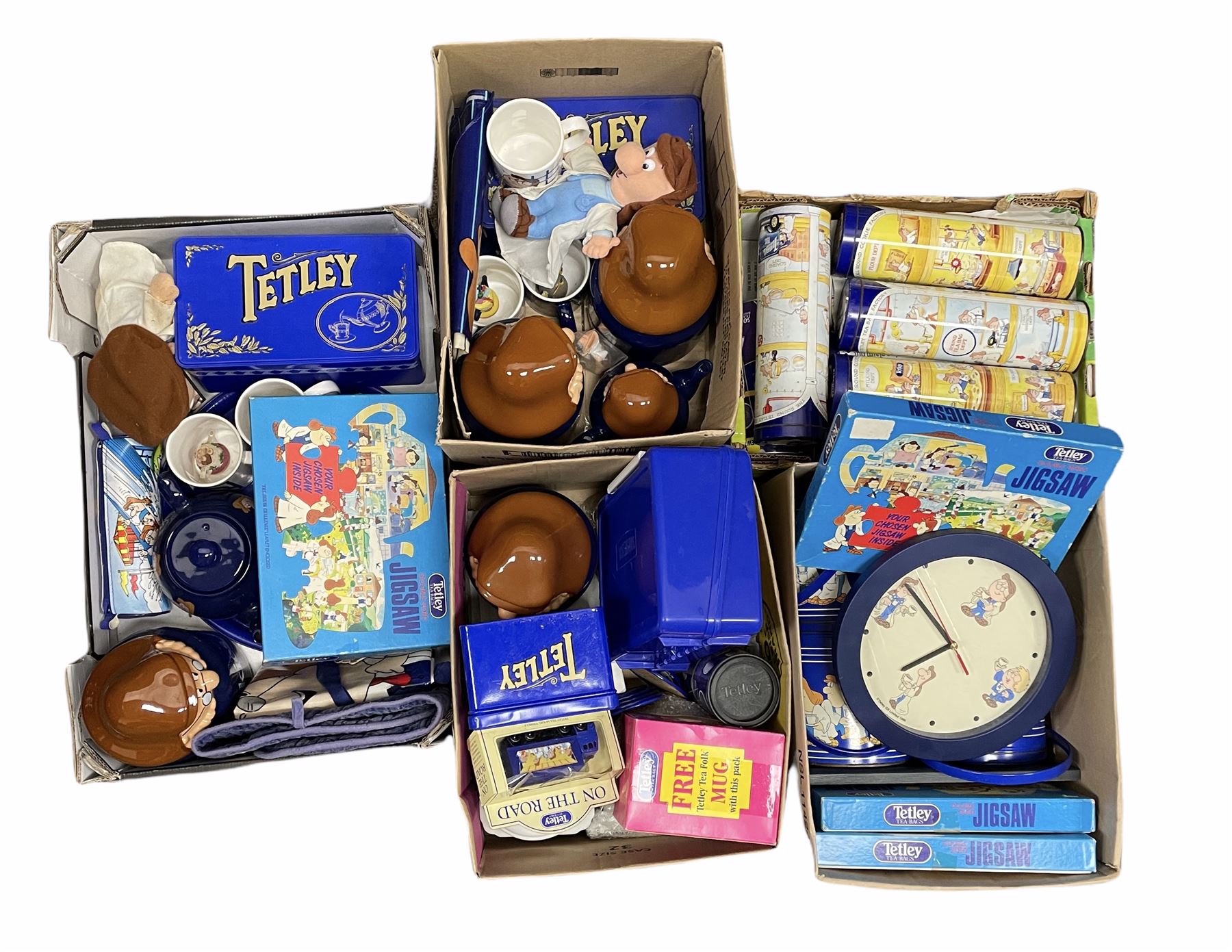 Five boxes of Tetley tea memorabilia and collectables including teapots, clocks tins etc