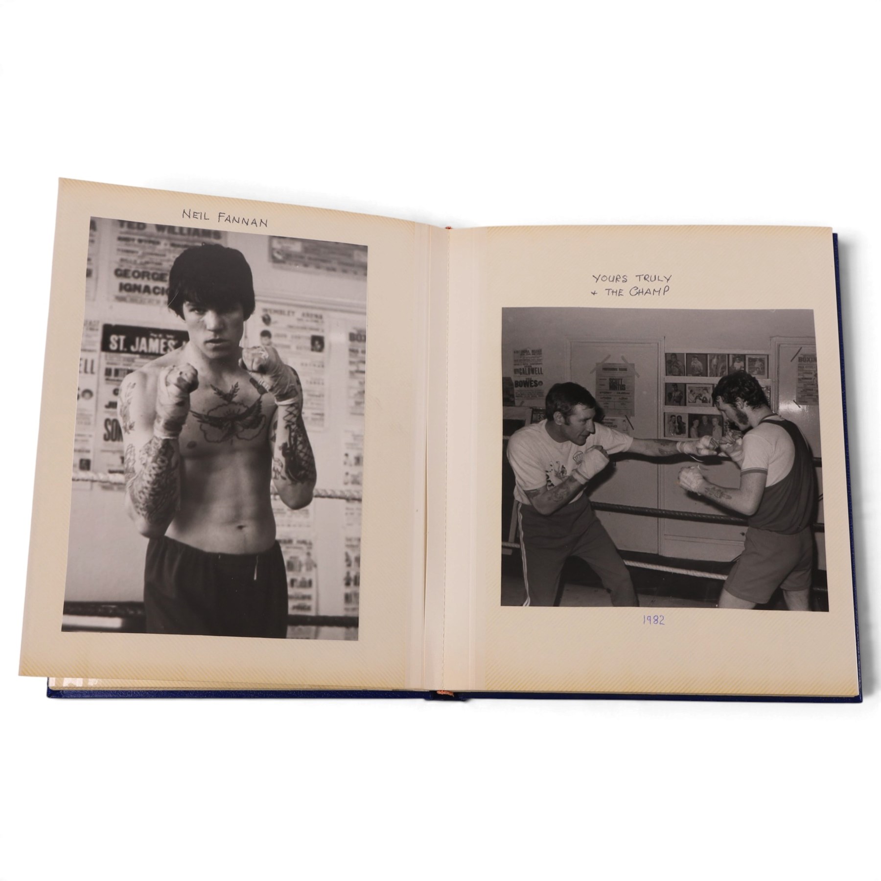 1980s boxing autograph book and photograph album, the album containing a collection of black and white photographs, mostly of British lightweight champion George Feeney, the photograph album with thirty-two signatures including Ray 