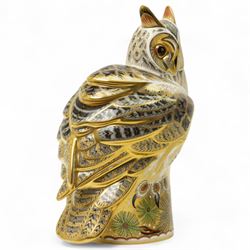 Royal Crown Derby Imari: Long Eared Owl, limited edition paperweight No 114 of 300, designed by Tien Manh Dinh signed by Hugh Gibson and with gold stopper and certificate H27cm