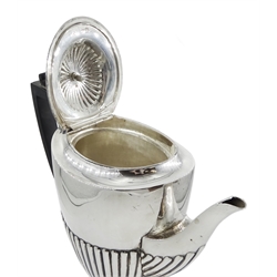 Silver hot water jug by William Hutton & Sons Ltd, London 1902 and a similar milk jug and sugar bowl by John Round & Son Ltd, Sheffield 1903, approx 35.2oz