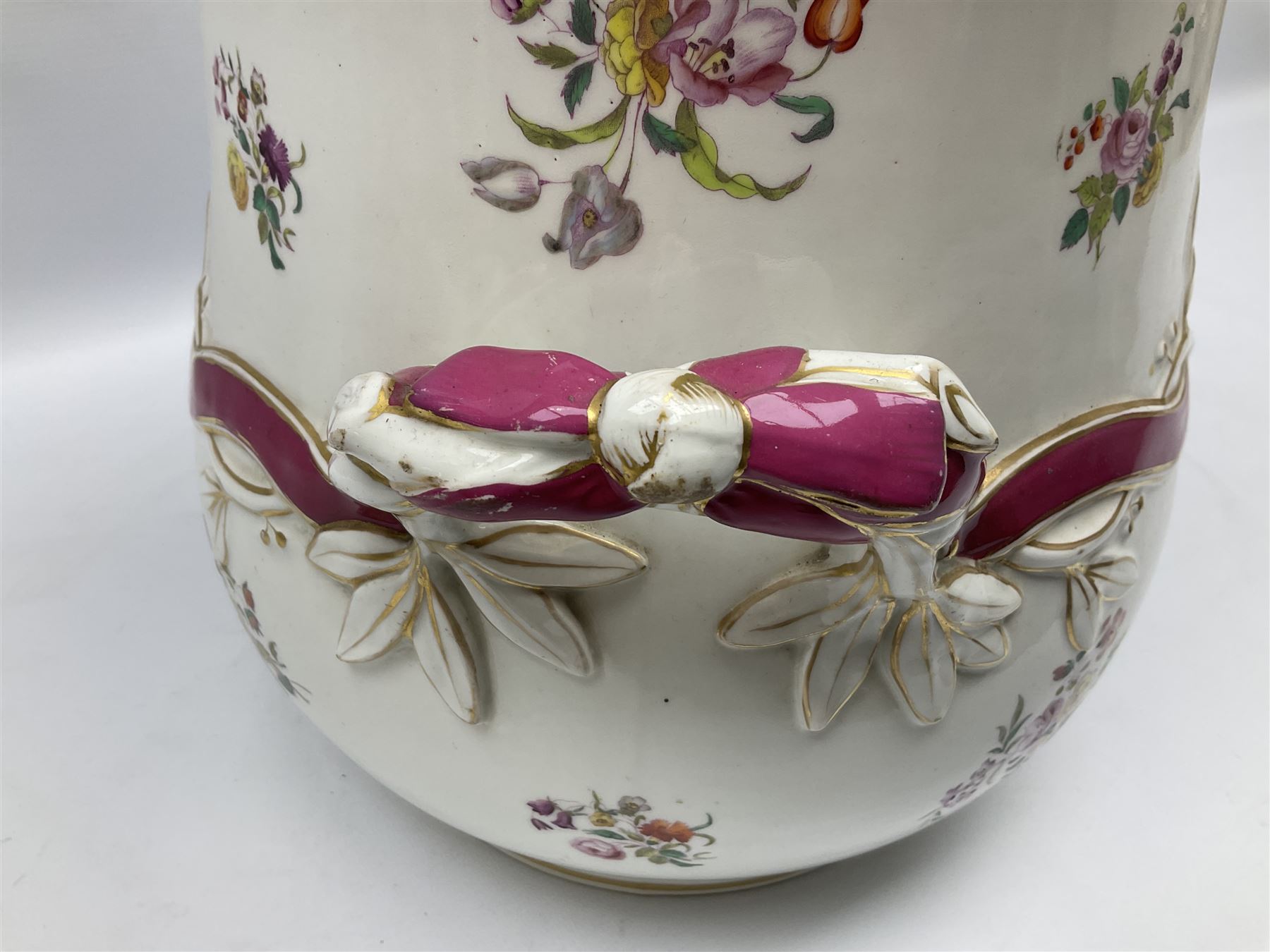 Large Victorian twin handled water pail and cover, of slightly bellied form decorated with floral sprays and moulded vine and ribbon detail, H36.5cm