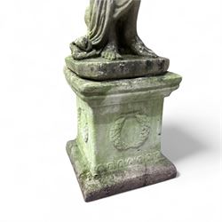 Cast stone garden statue figure, on plinth 