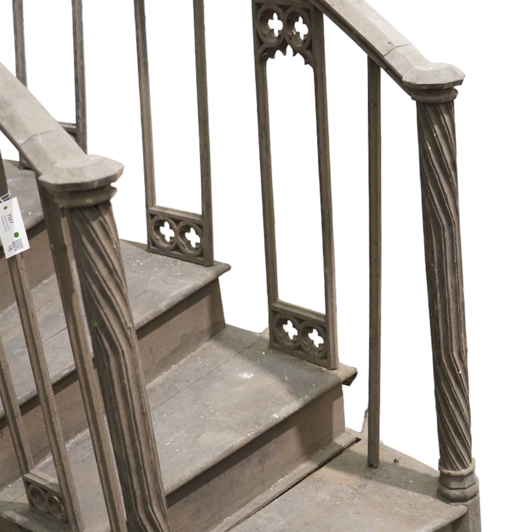 Architectural Salvage - 19th century oak five tread pulpit staircase of curved design with spiral carved pillars and pierced side panels with various additional matching pieces
Note: Removed in the 19th century from the church in the grounds of a private Yorkshire estate 
Provenance: property of a Nobleman