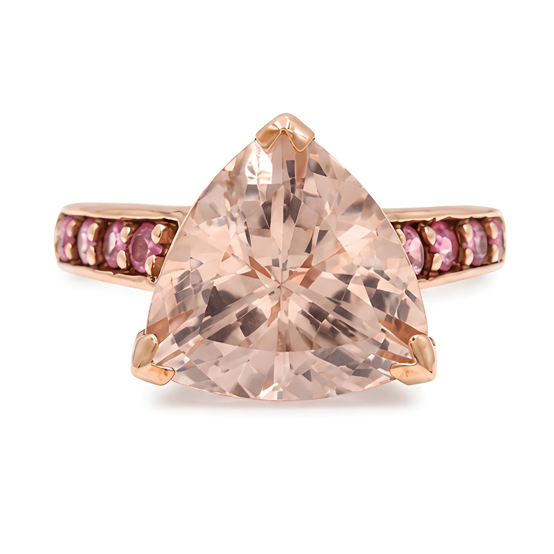 9ct rose gold morganite and tourmaline ring, single trilliant cut morganite of approx 5.35 carat, each shoulder set with four round cut tourmalines, Birmingham 2011