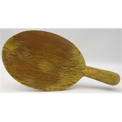  'Mouseman' oak oval cheese board by Robert Thompson of Kilburn with carved mouse signature, L37cm   