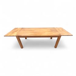 Contemporary solid oak rectangular dining table, with two additional extension leaves, together with eight matching high back dining chairs upholstered in cream suede-effect fabric (9) (Chair H 95cm, W 41cm, D 53cm) (Extends to 270cm)