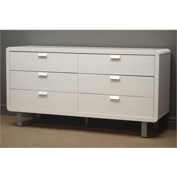  Wren Furniture - white gloss finish sideboard, three drawers and two cupboards, brushed metal handles, W145cm, H77cm, D45cm   