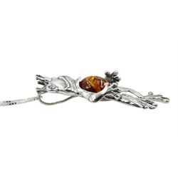 Silver Baltic amber frog prince pendant necklace, stamped 925