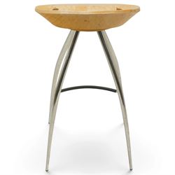 Lyra - set of three bar stools, dished plywood seats with wraparound low backs and crescent apertures, on outward swept chrome supports with contrasting black footrests
