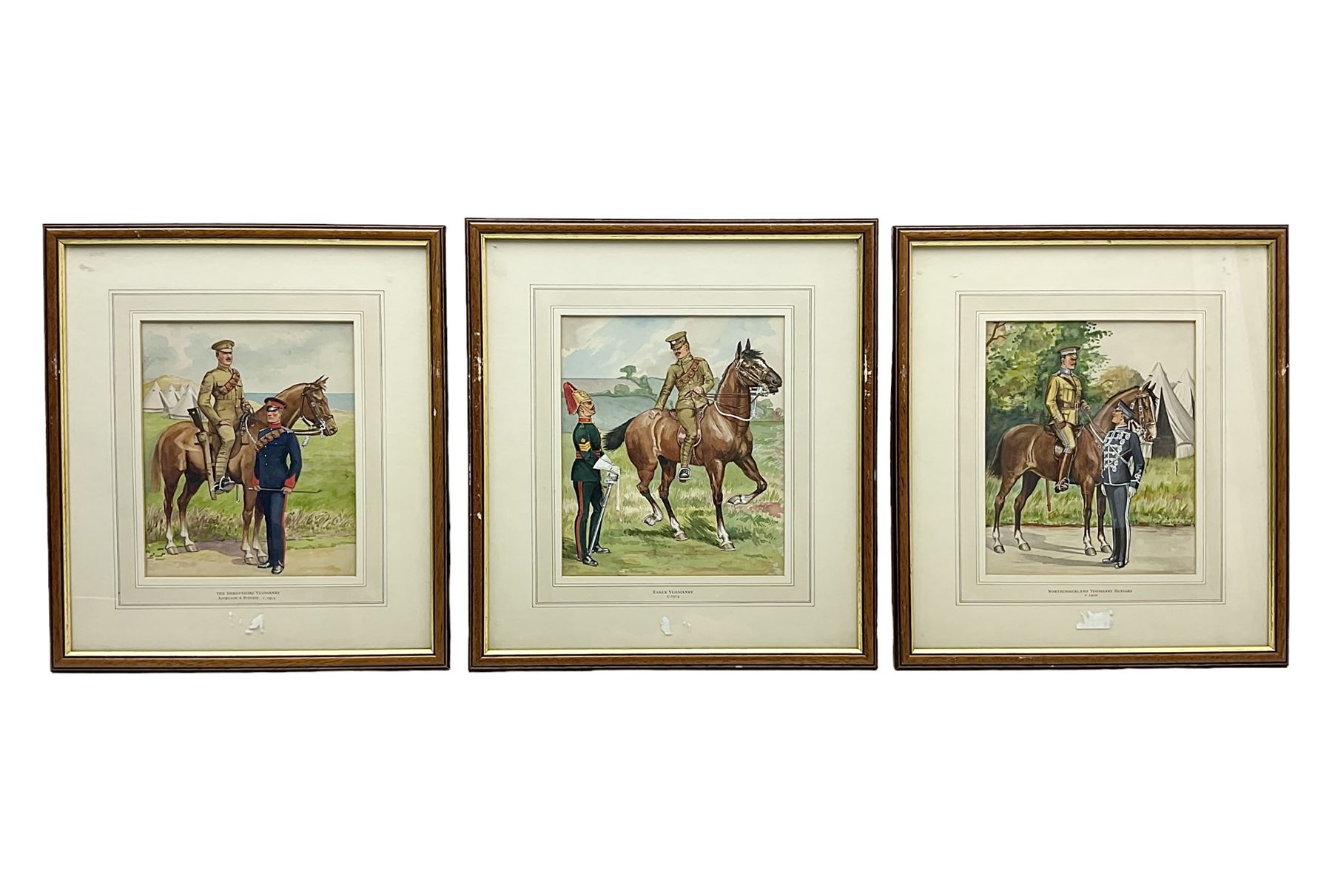 Set of three watercolours of military interest - Northumberland Yeomanry Hussars c1910, Shropshire Yeomanry Sergeant and Private c1914 and Essex Yeomanry c1914, each titled on mount 26 x 22cm, mahogany stained frames (3)
