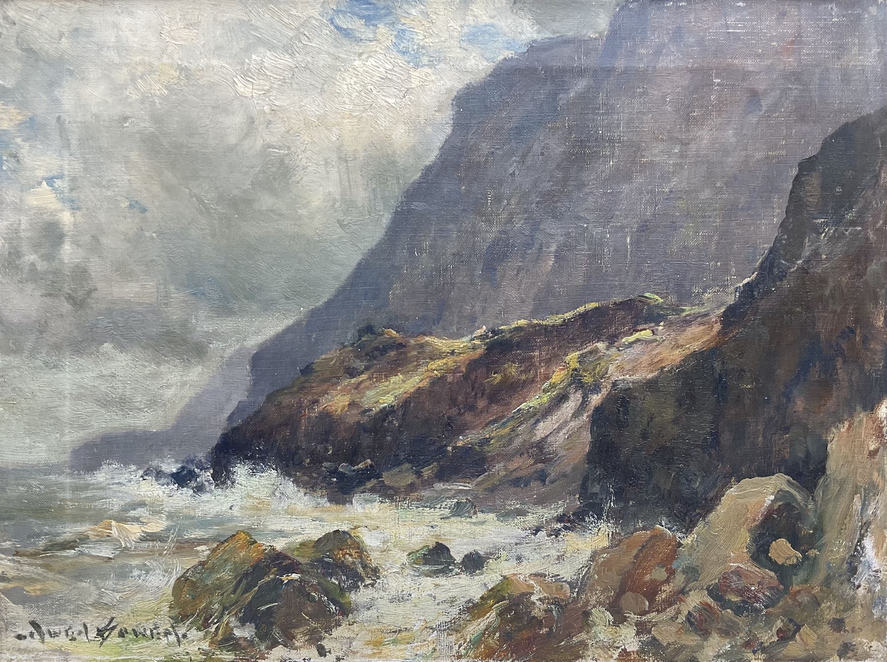 Owen Bowen (Staithes Group 1873-1967): Rocks near Ravenscar, oil on canvas signed 30cm x 40cm