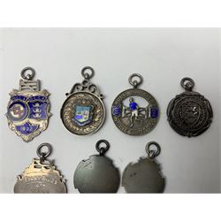 9ct gold enamel 'Hull' charm, together with eight silver fob medallions, six with enamel decoration relating to Hull and one Scarborough example, all hallmarked 