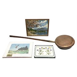 Copper bed pan, Portmeirion placemats, glazed and framed needlework and George Houghton cartoons placemats