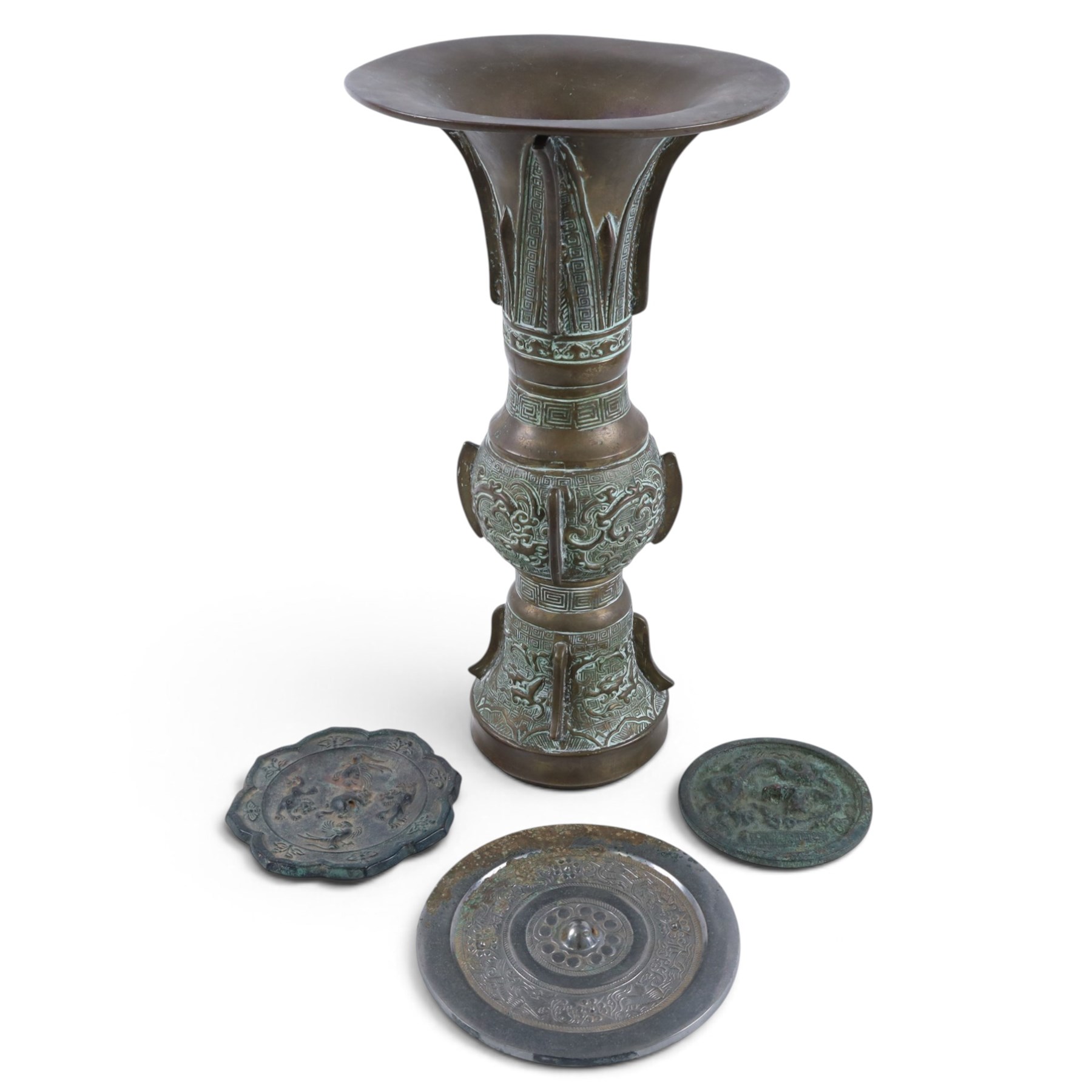 Chinese lobed bronze mirror, decorated with birds and mythical animals, together with two other mirrors and bronze vase, vase H37cm