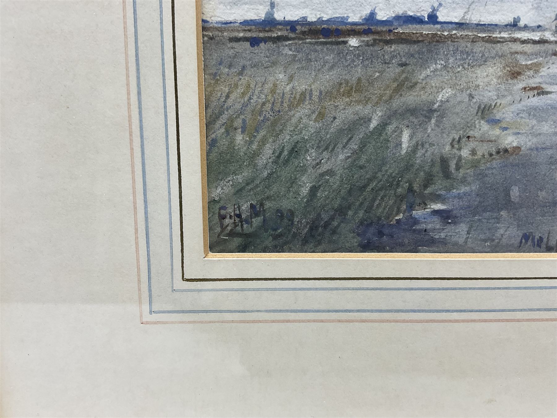 Frank Henry Mason (Staithes Group 1875-1965): 'Molens [Windmills] on the Schie', watercolour signed with initials titled and dated '99, 21cm x 28cm
