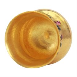 Small modern 22ct gold vase, the body waisted bellied form with planished finish, set with bezel set multi-gemstone cabochons, including topaz, garnet and tourmaline, hallmarked Sarah Jones, London 2002, also marked 916, H5.5cm

