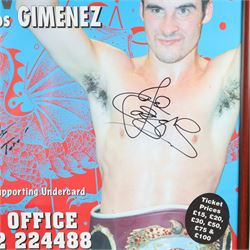 World Championship Boxing poster, signed by Joe Calzaghe and Juan Carlos Gimenez (El Toro), framed, H89cm