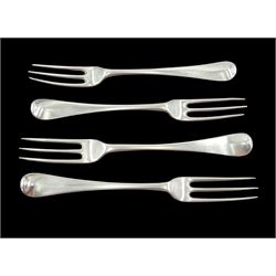 Set of three George II silver three prong table forks, Hanoverian pattern with  later crest by Isaac Callard, London 1735 and one other hallmarked London 1739, approx 8.1oz